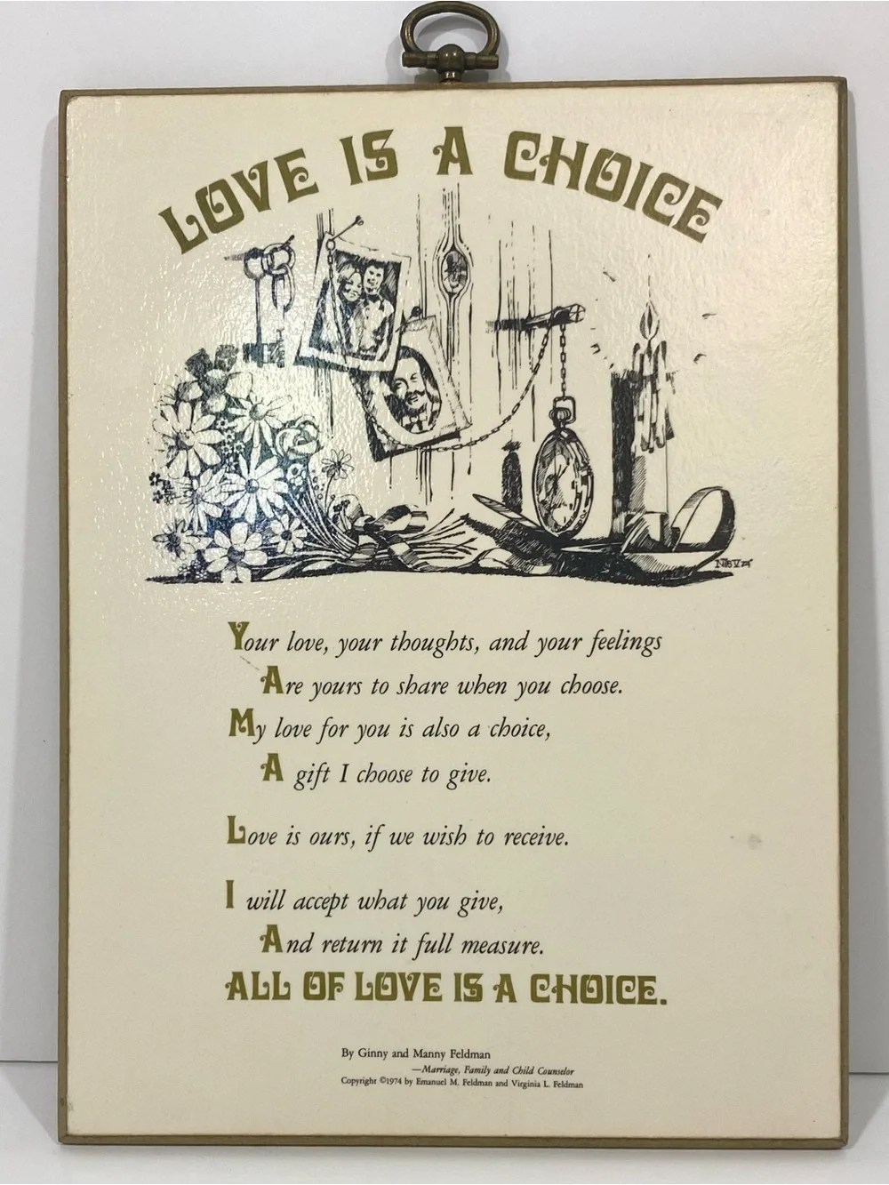 Vintage 70’s Love Is A Choice Wall Plaque - Cream and Gold